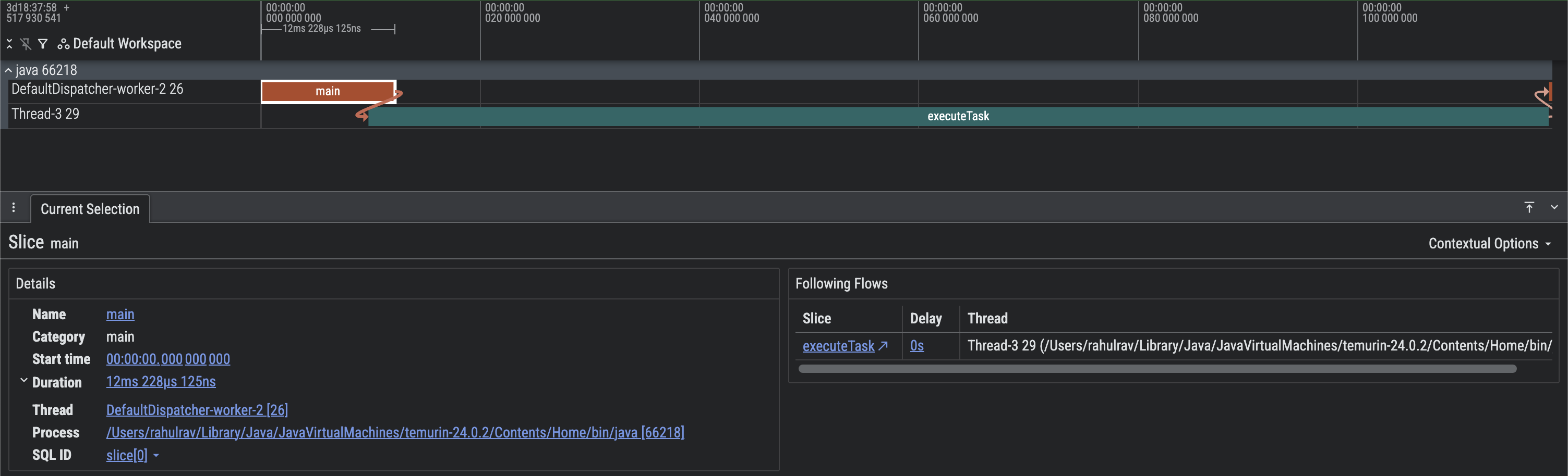 ภาพหน้าจอของการติดตาม Perfetto ที่มีการส่งต่อบริบทด้วยตนเอง
