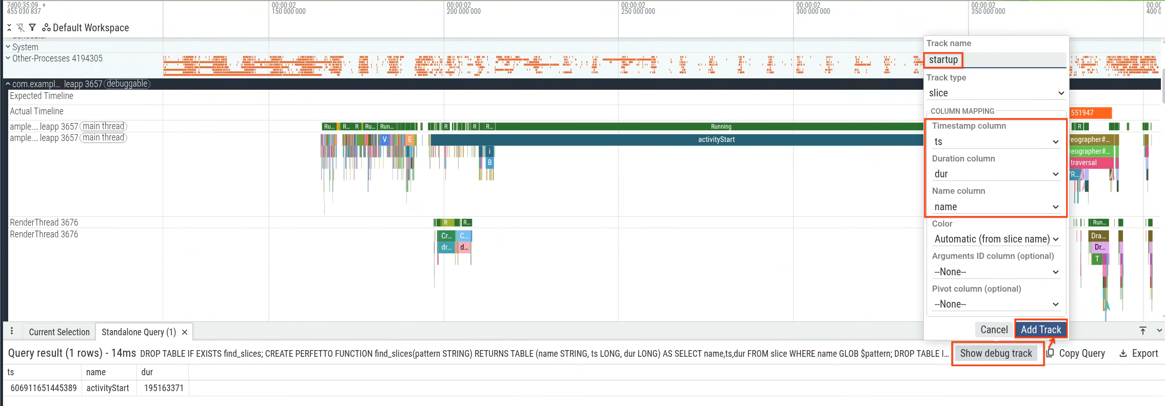 Uno screenshot della UI di Perfetto che mostra come creare una traccia di debug per una query di avvio.