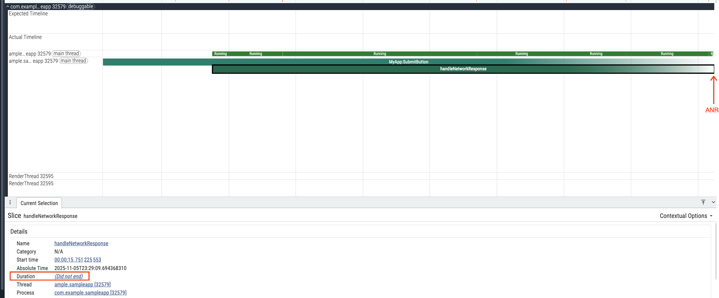 Interface utilisateur de Perfetto montrant la fin d'une trace, mettant en évidence l'emplacement du déclencheur ANR.