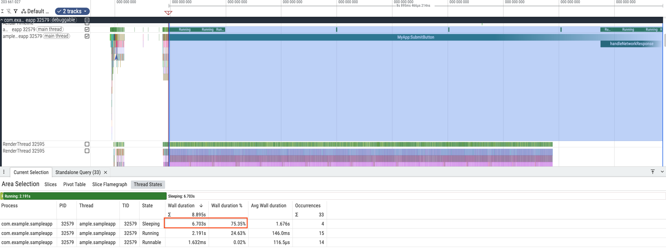 UI di Perfetto che mostra gli stati dei thread durante un'operazione, evidenziando il 75%
 di tempo di sospensione e il 24% di tempo di esecuzione.
