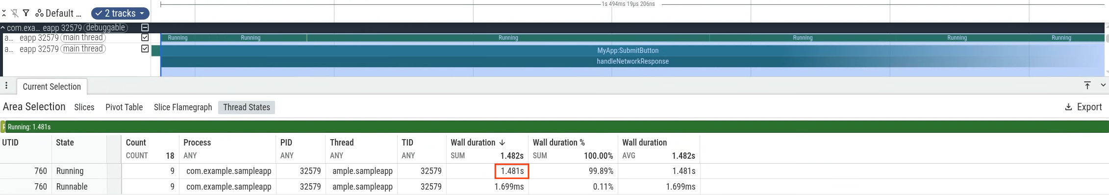 UI ของ Perfetto แสดงเวลา CPU ที่ใช้โดยการดำเนินการ handleNetworkResponse
 ในขณะที่เกิด ANR