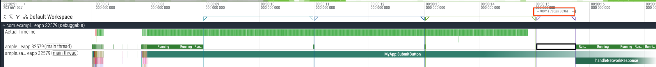 La UI di Perfetto che mostra il quarto intervallo di sospensione all'interno della
sezione della traccia MyAppSubmitButton.