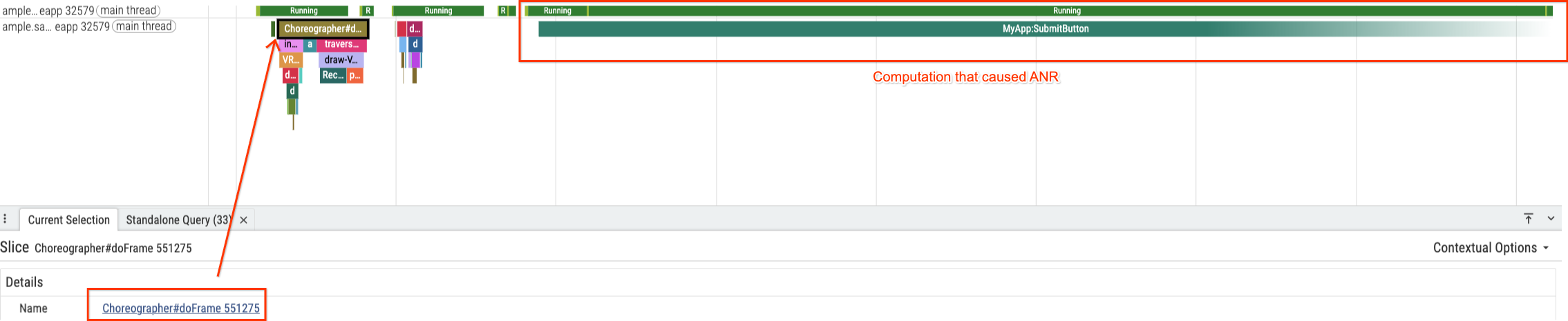 UI ของ Perfetto แสดงเฟรมสุดท้ายที่เธรด UI แสดงผลก่อนเกิด ANR