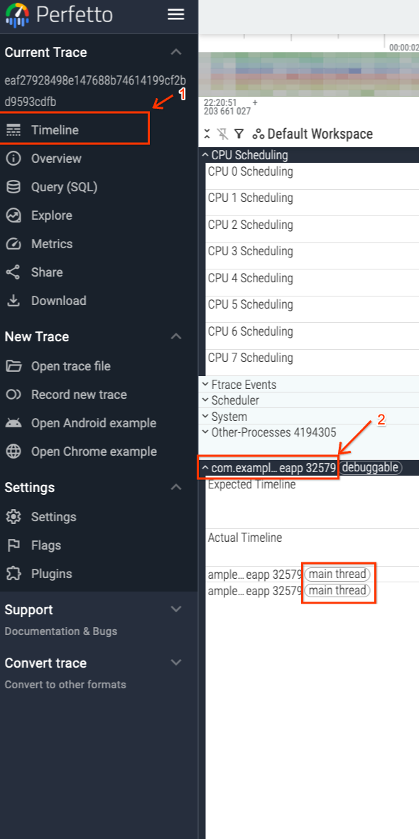 Navegación de la IU de Perfetto al subproceso principal de la app.