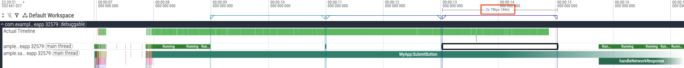 A interface do Perfetto mostrando o terceiro intervalo de suspensão na
 fração de rastreamento MyAppSubmitButton.