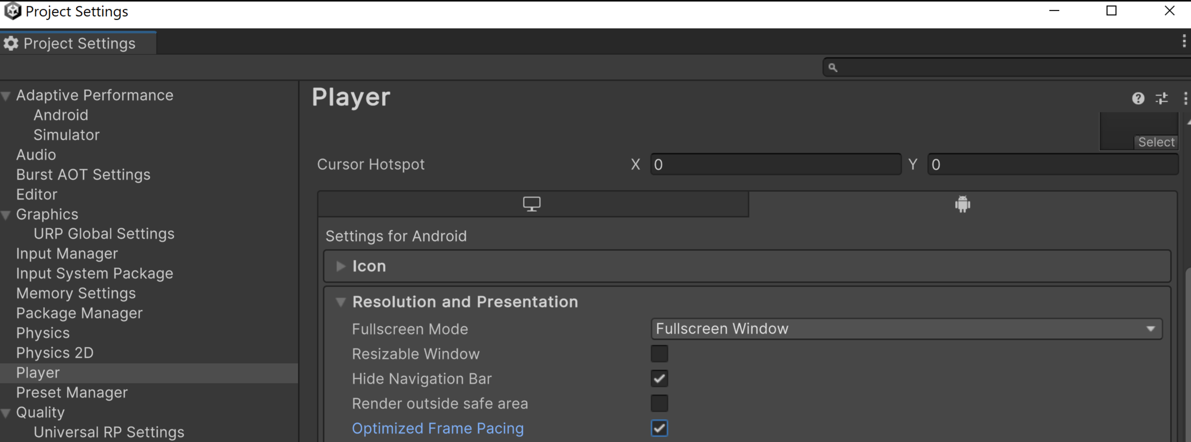 Caixa de diálogo &quot;Project settings&quot;.