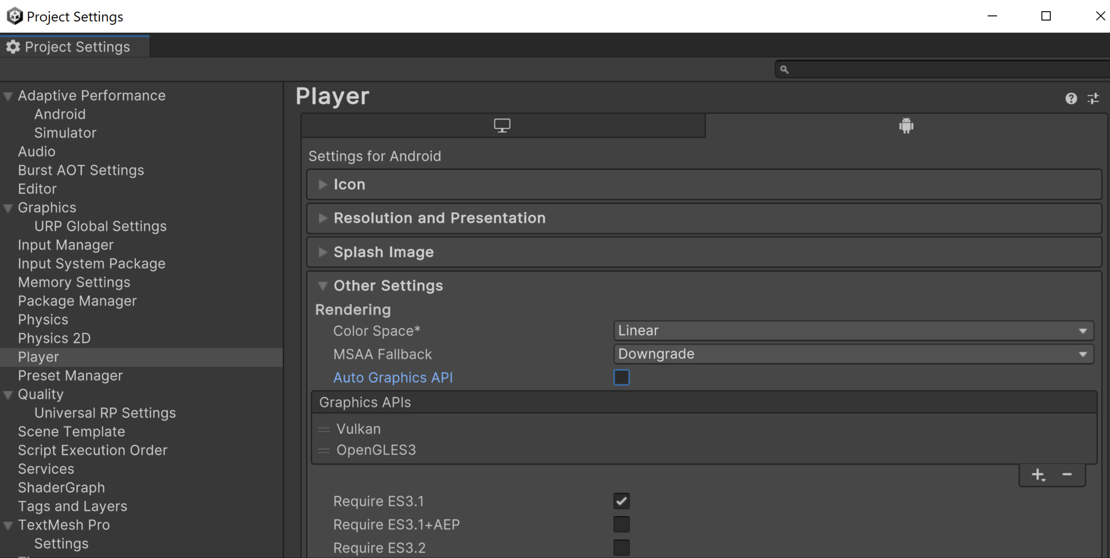 Caixa de diálogo &quot;Project settings&quot;.