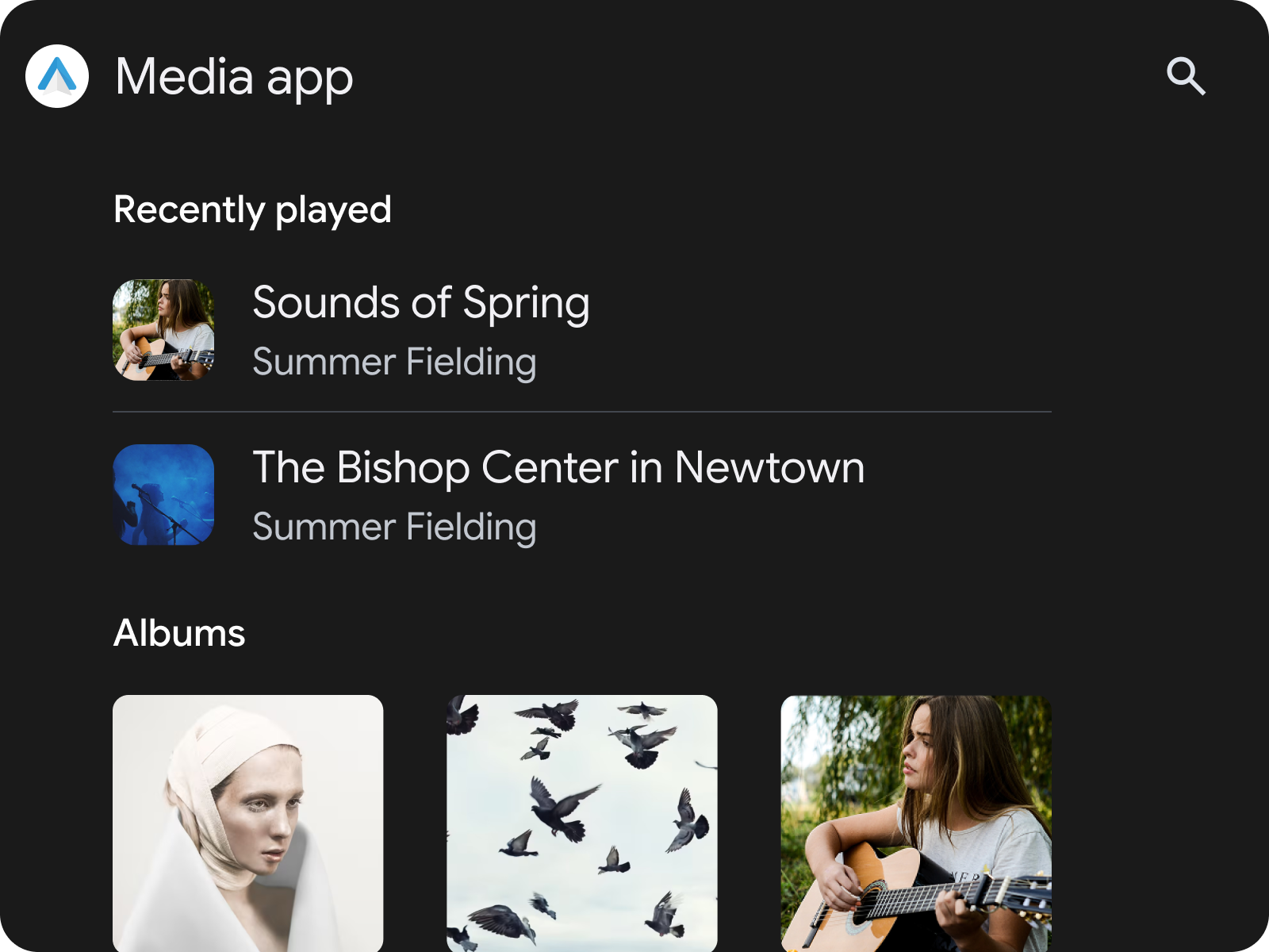 A music app interface displays recently played songs and albums,
     including two vertical rows and three horizontal album art portraits.