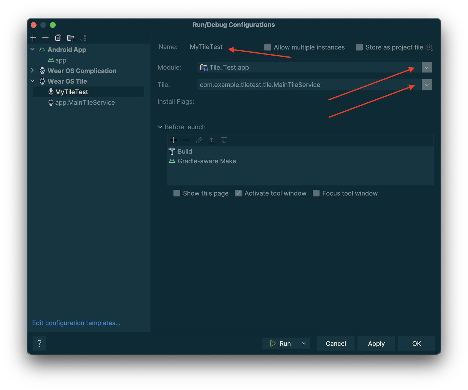 Screenshot with three red arrows pointing to areas of the dialog window.