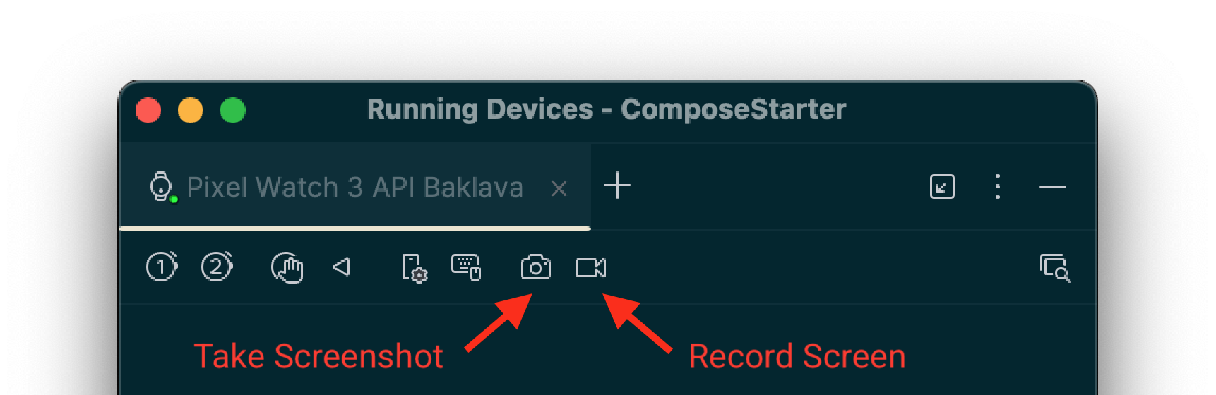 La finestra Dispositivi in esecuzione di Android Studio, con frecce che indicano i pulsanti
screenshot e registrazione dello schermo.
