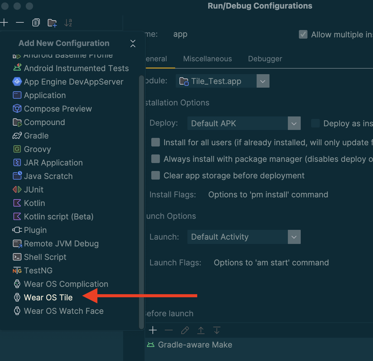Screenshot dengan panah merah yang mengarah ke opsi konfigurasi "Wear OS Tile".
