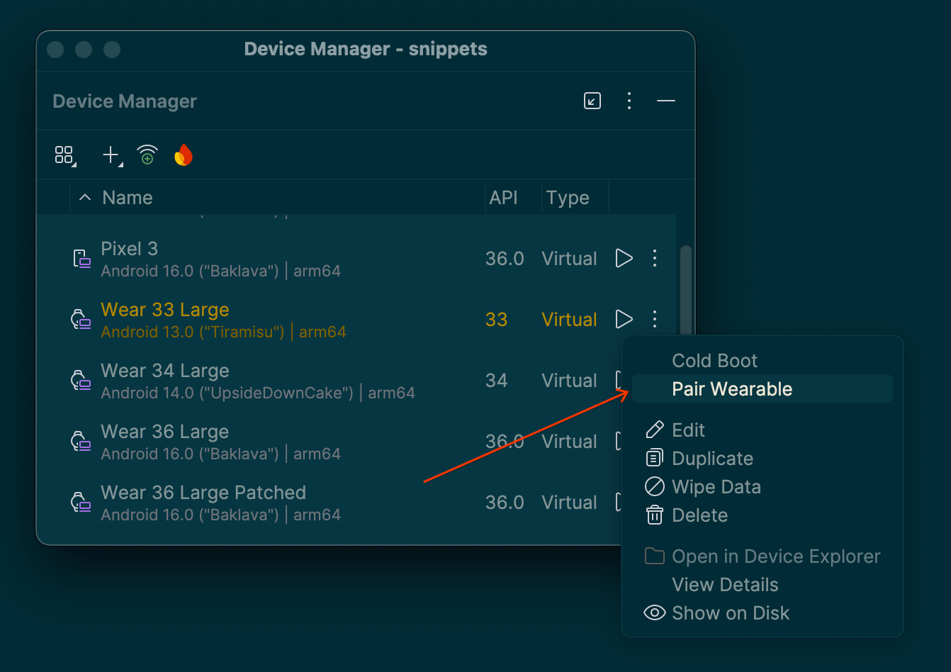 Tocca l'icona del menu overflow accanto a un dispositivo che vuoi accoppiare e seleziona Accoppia indossabile.