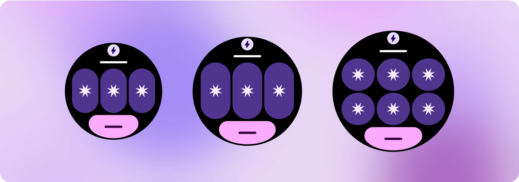 Três blocos, sendo que dois mostram uma linha com três colunas de conteúdo principal e
outro que mostra duas linhas com três colunas de conteúdo
principal