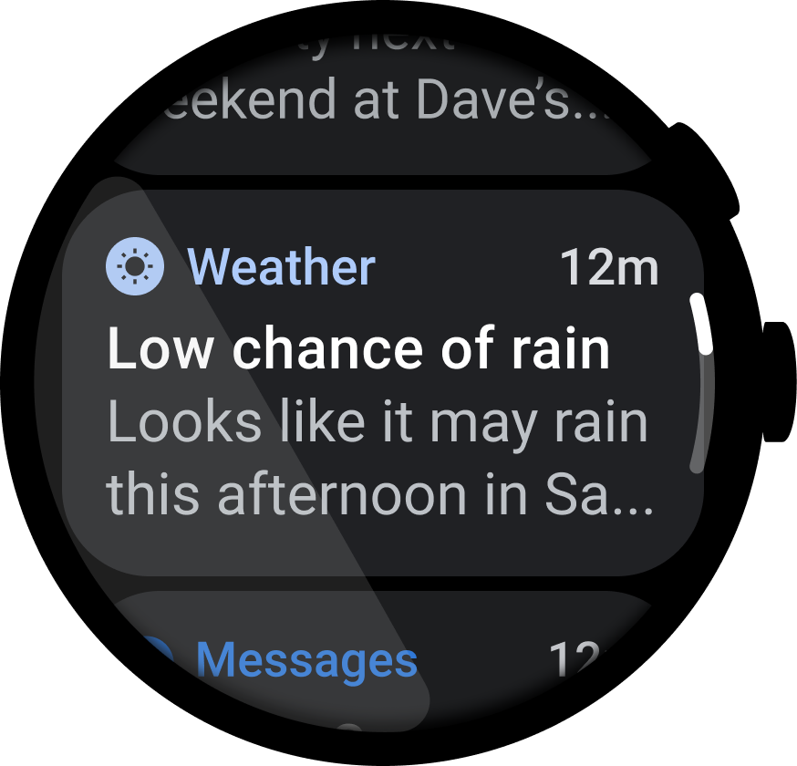 Cadran Wear OS affichant une notification météo.